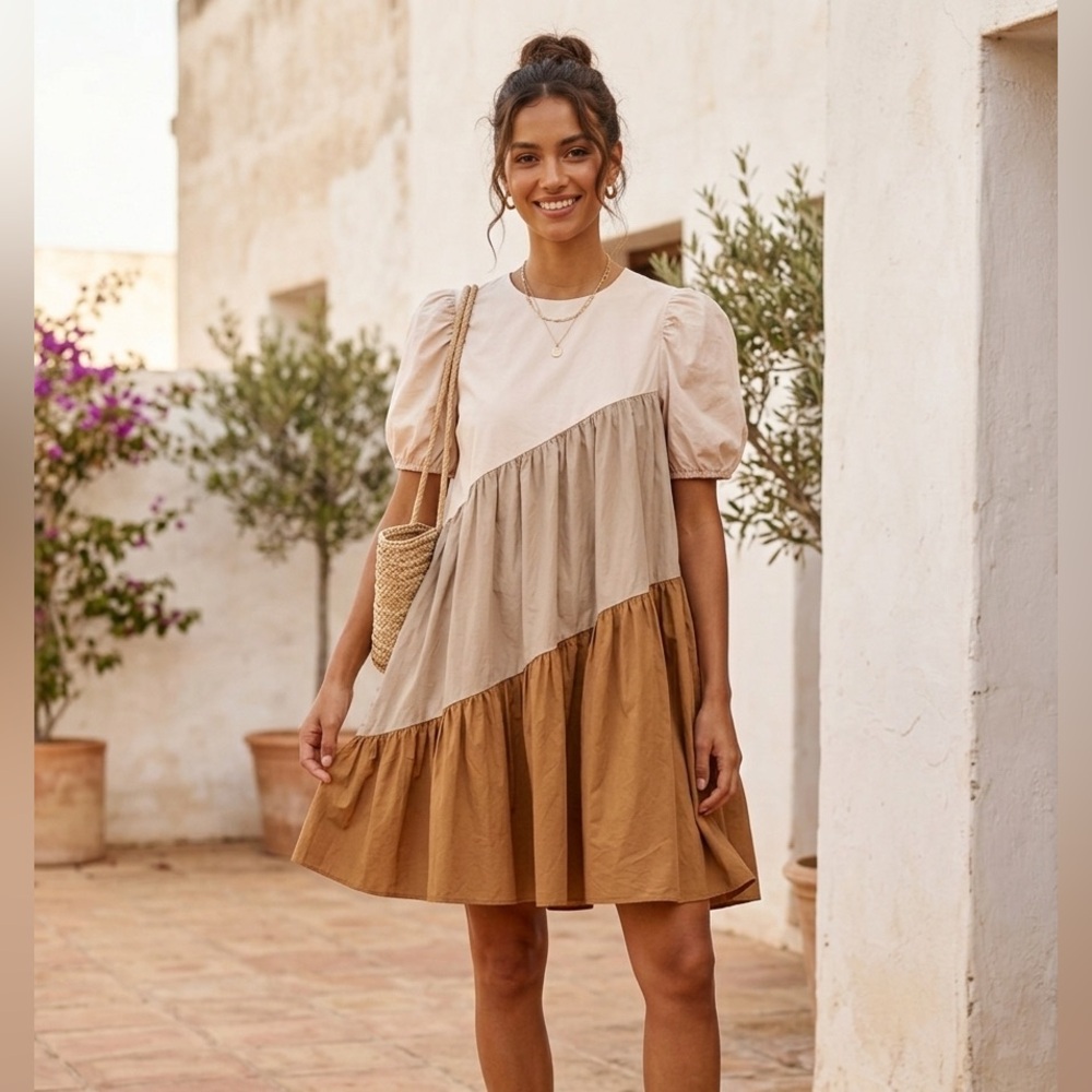 NWT- English Factor Neutral Quiet Luxury Colorblock Puff Sleeve Dress size small